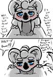  2016 animal_genitalia animal_penis anthro blue_eyes blush canine canine_penis clancy_(inkyfrog) comic deep_throat dialogue disney duo english_text fan_character fellatio first_person_view inkyfrog knot koala looking_at_viewer male male/male mammal marsupial nude oral penis restricted_palette sex simple_background solo_focus text white_background wolf zootopia 