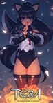  &gt;:( animal_ears bare_shoulders black_hair black_legwear cain_(gunnermul) cat_ears closed_mouth copyright_name elin_(tera) english fire frown groin highres long_hair looking_at_viewer ninja ponytail red_eyes solo standing tera_online thighhighs tsurime v-shaped_eyebrows very_long_hair 