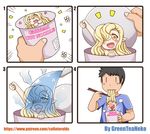  1girl 4koma absurdres ahegao blonde_hair blush comic commentary_request cup cup_ramen eating greenteaneko hair_over_one_eye highres in_container in_cup long_hair monster_girl open_mouth pointy_ears tongue tongue_out what yellow_eyes |_| 