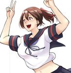  arms_up bifidus brown_eyes brown_hair commentary_request cosplay fubuki_(kantai_collection) fubuki_(kantai_collection)_(cosplay) hair_ribbon ise_(kantai_collection) kantai_collection midriff navel open_mouth pleated_skirt ponytail ribbon sailor_collar school_uniform serafuku short_sleeves skirt smile solo v white_background 