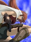 black_shorts blue_eyes brown_gloves brown_hair day el_cazador_de_la_bruja eyebrows_visible_through_hair floating_hair from_below gloves goridou gun hair_between_eyes holding holding_gun holding_weapon holster long_hair looking_at_viewer midriff nadie outdoors red_tank_top short_shorts shorts sky solo thigh_holster thigh_strap very_long_hair weapon white_cloak 