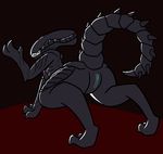  2_toes 3_fingers alien alien_(franchise) baring_teeth black_body eyeless female inviting pussy red_background simple_background smile solo teeth toes trout_(artist) xenomorph 