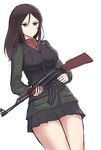  ak-47 assault_rifle bad_id bad_twitter_id bangs black_skirt blue_eyes breasts brown_hair closed_mouth cowboy_shot dutch_angle figurehead_(figurehead67) girls_und_panzer glaring green_jacket gun holding holding_weapon jacket large_breasts long_hair long_sleeves military military_uniform miniskirt nonna pleated_skirt pravda_military_uniform red_shirt rifle shirt simple_background skirt solo star swept_bangs turtleneck uniform vest weapon white_background 