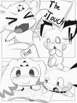  &lt;3 &lt;3_eyes ambiguous_gender blush calumon clyndemoon comic crossover digimon duo feral fur green_eyes half-closed_eyes hi_res mammal monochrome nintendo one_eye_closed open_mouth penis pichu pok&eacute;mon rodent simple_background sweat text tongue video_games white_background wink yellow_fur 
