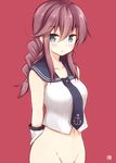  akane_souichi arms_behind_back bangs bare_shoulders blue_eyes blush bottomless braid brown_hair collarbone crop_top gloves groin kantai_collection long_hair looking_at_viewer navel necktie noshiro_(kantai_collection) out-of-frame_censoring parted_lips red_background sailor_collar school_uniform serafuku shirt sidelocks simple_background sleeveless sleeveless_shirt solo sweat twin_braids wavy_mouth white_gloves 
