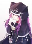  animal_hood black_cape blush braid cape cat_hood collar commentary contest_winner cup dog_collar fal fate/grand_order fate_(series) gloves holding holding_cup hood long_hair looking_at_viewer medusa_(lancer)_(fate) pixiv_fate/grand_order_contest_1 purple_eyes purple_hair rider sidelocks simple_background solo very_long_hair 