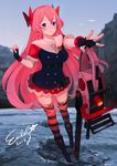  2016 artist_name badge belt_boots belt_pouch bird boots bow button_badge buttons chainsaw eules fingerless_gloves full_body gloves hair_bow hairband highres long_hair looking_at_viewer original outdoors pink_bow pink_hair pink_legwear pouch screwdriver short_sleeves skirt smile solo striped striped_legwear thighhighs very_long_hair water wrench zettai_ryouiki 