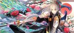  alternate_costume armor artist_name bird fire_emblem fire_emblem_if flower grey_hair highres kariya_(mizore) katana leaf long_hair male_focus nail_polish peacock petals ponytail solo sword takumi_(fire_emblem_if) tree upper_body weapon yellow_eyes 