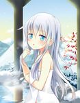  blue_eyes blue_hair hibiki_(kantai_collection) highres kantai_collection long_hair looking_at_viewer motohara_moka naked_towel onsen open_mouth snow snowing solo towel 