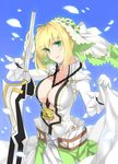  blonde_hair blue_background breasts cleavage collarbone fate/extra fate/extra_ccc fate_(series) green_eyes holding holding_sword holding_weapon jewelry large_breasts long_hair necklace nero_claudius_(bride)_(fate) nero_claudius_(fate)_(all) petals sensei_(hitagi3594) skirt_hold solo sword weapon 
