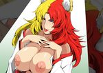  1girl absurdres areolae bare_shoulders blue_eyes breasts breasts_outside chara_soon fox_ears gundam gundam_zz gureko_rouman hands_on_chest highres japanese_clothes kimono large_breasts long_hair looking_at_viewer makeup multicolored_hair naughty_face nipples no_bra open_clothes parted_lips shiny shiny_skin smile solo upper_body 