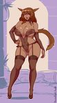  2016 animal_humanoid areola big_breasts breasts brown_fur brown_hair camel_toe cat_humanoid clothed clothing feline female final_fantasy final_fantasy_xiv footwear fur hair hand_on_hip hi_res high_heels huge_breasts humanoid legwear lingerie liveforthefunk long_hair mammal miqo&#039;te navel nipples pussy red_eyes shoes solo square_enix translucent transparent_clothing video_games voluptuous wide_hips 
