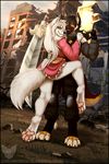  anthro black_hair black_nose brown_eyes canine clothed clothing day detailed_background digitigrade dog duo female fur hair holding_object holding_weapon male mammal mark_haynes melee_weapon outside pawpads smile standing sword weapon white_fur white_hair yellow_eyes 