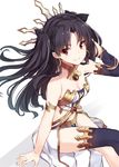  1girl adjusting_hair arm_support armlet asymmetrical_legwear asymmetrical_sleeves bare_shoulders black_hair breasts cleavage detached_sleeves earrings fate/grand_order fate_(series) female from_above gem hair_ribbon highres hoop_earrings ishtar_(fate/grand_order) jewelry legs_crossed long_hair looking_at_viewer looking_up medium_breasts neck note_(aoiro_clip) pelvic_curtain red_eyes revealing_clothes ribbon simple_background single_sleeve single_thighhigh sitting smile solo strapless thighhighs tohsaka_rin two_side_up white_background 