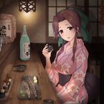  alcohol alternate_costume blush bottle bow brown_eyes brown_hair chair choko_(cup) chopsticks cup fish food hair_bow hair_up hamu_agaki head_tilt highres izakaya japanese_clothes jintsuu_(kantai_collection) kantai_collection kimono light_smile long_hair looking_at_viewer ponytail sake sake_bottle sitting solo soy_sauce 