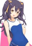  black_hair blue_skirt breasts brown_eyes competition_swimsuit high_school_fleet jampen long_hair looking_at_viewer one-piece_swimsuit open_mouth pleated_skirt school_swimsuit school_uniform serafuku skirt skirt_removed small_breasts solo suruga_runa swimsuit twintails 