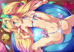  1girl :p ass back ball bell bikini blazblue blonde_hair blush cat_teaser commentary_request dutch_angle exercise_ball food from_behind green_eyes hairband heart heart-shaped_pupils long_hair looking_at_viewer looking_back low-tied_long_hair micro_bikini platinum_the_trinity popsicle quad_tails ribbon sexually_suggestive shiny shiny_hair shiny_skin side-tie_bikini smile solo spread_legs swimsuit symbol-shaped_pupils tongue tongue_out toraishi_666 two_side_up very_long_hair white_bikini 