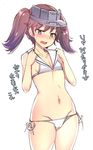  alternate_costume anchor bare_arms bare_shoulders bikini blush brown_hair collarbone commentary cosplay cowboy_shot flat_chest groin hat ippongui kantai_collection looking_at_viewer midriff navel nose_blush open_mouth purple_eyes ryuujou_(kantai_collection) sailor_bikini sailor_collar sailor_hat side-tie_bikini simple_background sketch solo sweatdrop swimsuit translated twintails visor_cap white_background z3_max_schultz_(kantai_collection) z3_max_schultz_(kantai_collection)_(cosplay) 