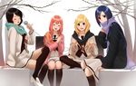  4girls black_hair blonde_hair blue_hair blush braid catherine_(love_money_rock&#039;n&#039;roll) collar ellie_(love_money_rock&#039;n&#039;roll) eyes_closed hair_ornament himitsu_(love_money_rock&#039;n&#039;roll) kagome_(love_money_rock&#039;n&#039;roll) long_hair looking_at_viewer love_money_rock&#039;n&#039;roll microphone multiple_girls open_mouth pink_hair purple_eyes red_eyes scarf school_uniform short_hair sitting skirt socks teeth thighs tongue tree twintails 