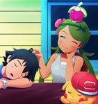  1boy 1girl ^_^ apron baseball_cap black_hair blush bounsweet drooling eyes_closed flower_ornament green_hair happy mao_(pokemon) pikachu pokemon pokemon_sm saliva satoshi_(pokemon) sleeping table twintails watch 