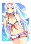  adjusting_hair bead_bracelet beads bikini blush border bracelet breasts brown_eyes cleavage gyuunyuu_bin hairband jewelry kantai_collection large_breasts light_smile long_hair looking_at_viewer midriff navel ocean shoukaku_(kantai_collection) silver_hair solo swimsuit white_border 