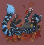  2016 amara_telgemeier autumn bell bell_collar big_tail black_fur blue_fur blue_hair blue_stripes cat claws collar digital_drawing_(artwork) digital_media_(artwork) fangs feline feral fluffy fluffy_tail fur grey_fur hair hindpaw leaves long_tail looking_up lying male mammal multicolored_fur multicolored_tail on_back open_mouth orange_eyes pawpads paws pink_background pink_nose pink_pawpads pink_tongue quadruped sige signature simple_background solo striped_fur striped_tail stripes teeth tongue two_tone_tail whiskers 