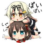  ahoge black_hair black_ribbon black_serafuku black_skirt blonde_hair blue_eyes braid chibi commentary hair_flaps hair_ornament hair_over_shoulder hair_ribbon hairclip kantai_collection multiple_girls neckerchief oshiruko_(uminekotei) pleated_skirt red_neckwear remodel_(kantai_collection) ribbon scarf school_uniform serafuku shigure_(kantai_collection) single_braid skirt white_scarf yuudachi_(kantai_collection) 