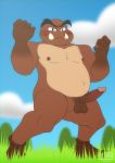  2019 5_fingers anthro anthrofied balls blush clothing digital_media_(artwork) erection eyebrows footwear goomba hi_res humanoid humanoid_penis looking_at_viewer male male_focus mario_bros musclegut muscular muscular_male nintendo nipples not_furry nude overweight penis shoes smile solo solo_focus standing teeth timidwithapen video_games 