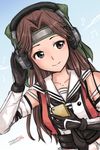  2016 bow brown_eyes brown_hair cellphone dated dutch_angle elbow_gloves forehead_protector gloves hachimaki hair_bow hair_intakes half_updo hamu_agaki headband headphones highres jintsuu_(kantai_collection) kantai_collection long_hair phone remodel_(kantai_collection) school_uniform serafuku signature smartphone smile solo 