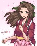  2016 bow brown_eyes brown_hair cherry_blossoms cosplay dated hair_bow hakama hamu_agaki japanese_clothes jintsuu_(kantai_collection) kamikaze_(kantai_collection) kamikaze_(kantai_collection)_(cosplay) kantai_collection kimono long_hair meiji_schoolgirl_uniform petals pink_hakama signature smile solo sparkle tasuki 