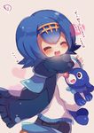  blue_hair blue_pants blue_scarf blush closed_eyes gen_7_pokemon hairband happy heart highres muuran one-piece_swimsuit open_mouth pants pokemon pokemon_(creature) pokemon_(game) pokemon_sm popplio scarf short_hair signature smile solo suiren_(pokemon) swimsuit swimsuit_under_clothes translation_request trial_captain 