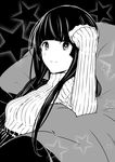  :3 absurdres bangs bean_bag_chair black_background blunt_bangs clenched_hand eyebrows_visible_through_hair flying_witch greyscale hand_on_own_head highres ishizuka_chihiro kowata_makoto looking_at_viewer monochrome reclining ribbed_sweater sidelocks sleeves_past_wrists solo star sweater tareme upper_body 