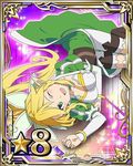  blonde_hair bracelet breasts card_(medium) cleavage green_eyes jewelry leafa long_hair looking_at_viewer lying medium_breasts number official_art on_side one_eye_closed open_mouth ponytail shorts solo star sword_art_online sword_art_online:_code_register thighhighs 