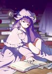 absurdly_long_hair book capelet commentary_request dress hat highres long_hair mob_cap namauni open_book patchouli_knowledge pointing purple_eyes purple_hair sitting solo touhou very_long_hair 