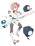  1girl bangs bar_censor beat_saber blush boots breasts brown_legwear censored closed_mouth elbow_gloves energy_sword eyebrows_visible_through_hair garter_belt gloves hacka_doll hacka_doll_2 hatsunatsu high_heel_boots high_heels high_ponytail highres holding holding_weapon lightsaber looking_away looking_to_the_side nude pink_hair ponytail pussy red_eyes sidelocks simple_background small_breasts solo sword thighhighs twitter_username v-shaped_eyebrows weapon white_background white_footwear white_gloves 