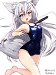  animal_ear_fluff animal_ears blue_swimsuit fox_ears fox_tail highres korean long_hair looking_back name_tag one-piece_swimsuit open_mouth original ping_myu_ring_(tandohark) school_swimsuit silver_hair solo swimsuit sword tail tandohark very_long_hair weapon white_eyes 