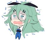  aqua_eyes atsushi_(aaa-bbb) blue_neckwear commentary crying crying_with_eyes_open green_hair hair_between_eyes hair_ornament hair_ribbon hairclip kantai_collection long_hair neckerchief pale_face ponytail ribbon simple_background solo tears trembling white_background yamakaze_(kantai_collection) 