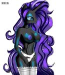  anthro black_skin breasts clothed clothing equine eyelashes female hair horn mammal my_little_pony navel nightmare_rarity_(idw) purple_hair skyline19 standing topless unicorn whitr_background wide_hips 