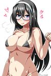  :q =3 alternate_costume ar_(lover_boy) bangs bare_arms bare_shoulders bikini black_bikini black_hair blue-framed_eyewear blue_eyes blush breasts cleavage collarbone commentary_request fig_sign glasses groin hairband highres kantai_collection large_breasts long_hair looking_at_viewer micro_bikini naughty_face navel ooyodo_(kantai_collection) semi-rimless_eyewear smile solo stomach sweat swimsuit tongue tongue_out twitter_username under-rim_eyewear underboob upper_body 