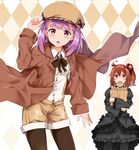  adjusting_clothes adjusting_hat ahoge alternate_costume argyle argyle_background argyle_bow argyle_trim bag black_dress black_legwear blush bow brown_eyes brown_hair brown_legwear cabbie_hat center_frills chestnut_mouth coat dress dress_shirt fate/grand_order fate_(series) flower food_in_mouth frilled_dress frills fujimaru_ritsuka_(female) furrowed_eyebrows gothic_lolita hair_flower hair_ornament hand_on_headwear hat hat_bow helena_blavatsky_(fate/grand_order) highres holding holding_bag jpeg_artifacts juliet_sleeves lolita_fashion long_sleeves mouth_hold multiple_girls nishimi_shin one_side_up open_clothes open_coat open_mouth pantyhose pantyhose_under_shorts puffy_sleeves purple_eyes purple_hair shirt short_hair shorts 