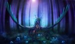 ambiguous_gender blue_eyes equine feathered_wings feathers feral forest glowing glowing_eyes grass hooves horn hybrid mammal neytirix nude pegasus solo standing tree wings 