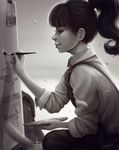  canvas_(object) collared_shirt greyscale holding holding_paintbrush lips long_sleeves looking_ahead magion02 monochrome nose original paintbrush painting ponytail profile shirt signature sleeves_rolled_up smile solo 