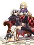  armor armored_dress bell black_gloves black_legwear blonde_hair blush breasts elbow_gloves fate/apocrypha fate/grand_order fate_(series) gloves hair_ribbon headpiece jeanne_d'arc_(alter)_(fate) jeanne_d'arc_(fate) jeanne_d'arc_(fate)_(all) jeanne_d'arc_alter_santa_lily large_breasts long_hair looking_at_viewer mgk968 multiple_girls ribbon short_hair small_breasts smile yellow_eyes 