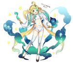  androgynous black_footwear blonde_hair character_name full_body gen_3_pokemon hair_ornament jirachi kasuka108 looking_at_viewer midriff navel open_mouth personification pokemon shoes short_hair solo standing star striped striped_legwear thighhighs v white_legwear wide_sleeves 