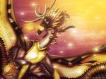  armor black_feathers brown_hair dragon feathered_wings feathers feral hair horn neytirix smile solo spread_wings wings yellow_eyes yellow_feathers 