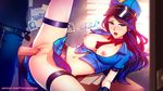  1girl alternate_costume belt between_breasts blue_eyes blue_skirt blush breasts breasts_outside caitlyn_(league_of_legends) cameo censored desk detached_collar hat hetero jinx_(league_of_legends) large_breasts league_of_legends lips long_hair lying midriff miniskirt moaning mosaic_censoring navel necktie necktie_between_breasts nipples no_bra no_panties officer_caitlyn on_back on_desk open_mouth penis pink_lady_mage police police_hat police_uniform policeman policewoman sex signature skirt solo_focus studded_belt thigh_strap uniform vaginal watermark web_address 