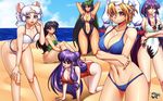  6girls beach black_hair blonde_hair breasts elena_(grandia) green_hair harem higurashi_kagome inuyasha jadenkaiba large_breasts long_hair medium_breasts navel purple_hair ranma_1/2 sailor_iron_mouse shampoo swimsuit white_hair 