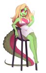  2018 absurd_res alcohol alligator anthro barefoot beverage big_breasts blonde_hair breasts champagne cleavage clothed clothing crocodilian digital_media_(artwork) dress eyelashes female fully_clothed green_body green_scales hair hi_res holding_object long_hair looking_aside looking_away matz matzzacre multicolored_body multicolored_scales non-mammal_breasts open_mouth open_smile pink_body pink_scales red_eyes reptile scales scalie shaded simple_background smile solo white_background white_bottomwear white_topwear wide_hips 
