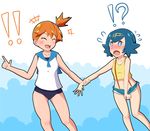  !? 2girls absurdres blue_hair blue_sailor_collar cosplay costume_switch cutoffs flying_sweatdrops highres kasumi_(pokemon) kasumi_(pokemon)_(cosplay) multiple_girls orange_hair panties pokemon pokemon_(anime) pokemon_sm_(anime) sailor_collar sarujie_(broken_monky) school_swimsuit side_ponytail striped striped_panties suiren_(pokemon) suiren_(pokemon)_(cosplay) suspenders swimsuit swimsuit_under_clothes underwear 