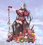  belt black_fur bow bowtie breasts brionac_(phantom_of_the_kill) chimney choker christmas christmas_stocking cleavage company_name fishnet_legwear fishnets gift gun hair_ornament high_heels jewelry lake large_breasts long_hair mountain musket necklace official_art phantom_of_the_kill ribbon rifle shorts sleeveless snow snowman solo star star_(sky) stuffed_animal stuffed_toy teddy_bear thighhighs toy valley very_long_hair weapon wrapped wreath 